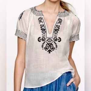 J. Crew Top: Airy White Gauzy Cotton w/Black Embroidery & Short Puff Sleeve